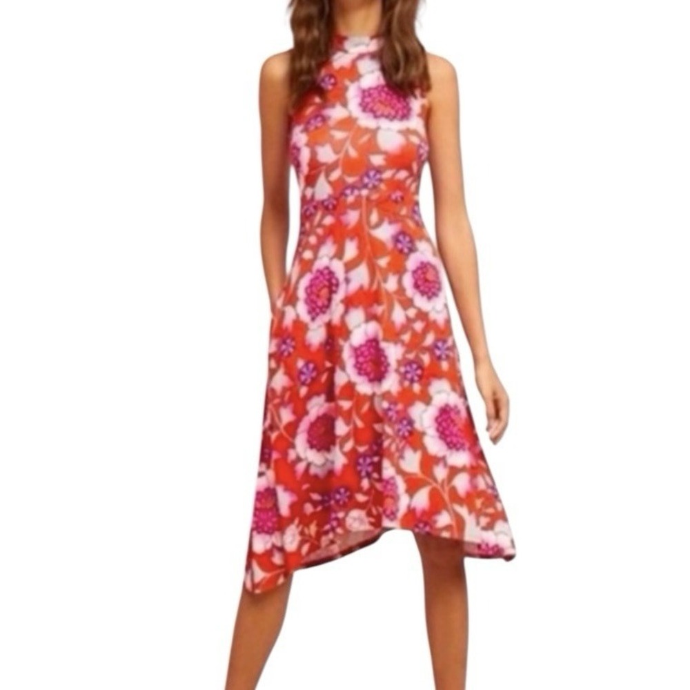 Maeve Anthropologie Cleary Orange Floral Stretch‎ Asymmetrical Dress XS Stretch